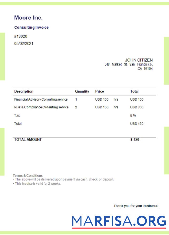 Blank USA Moore Inc. invoice real example